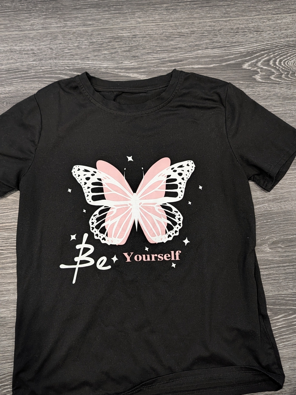Black Graphic Tee with Pink & White Butterfly "Be Yourself"